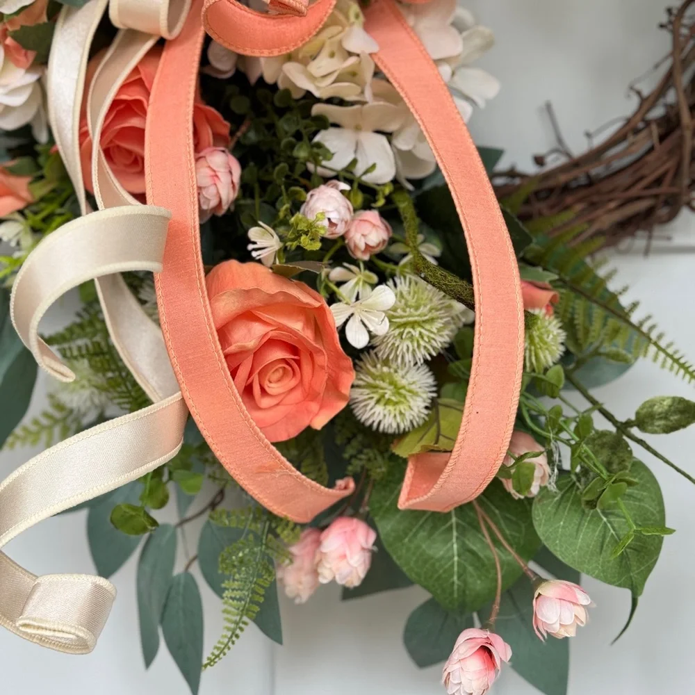 Peach Roses and Cream Hydrangeas Wreath